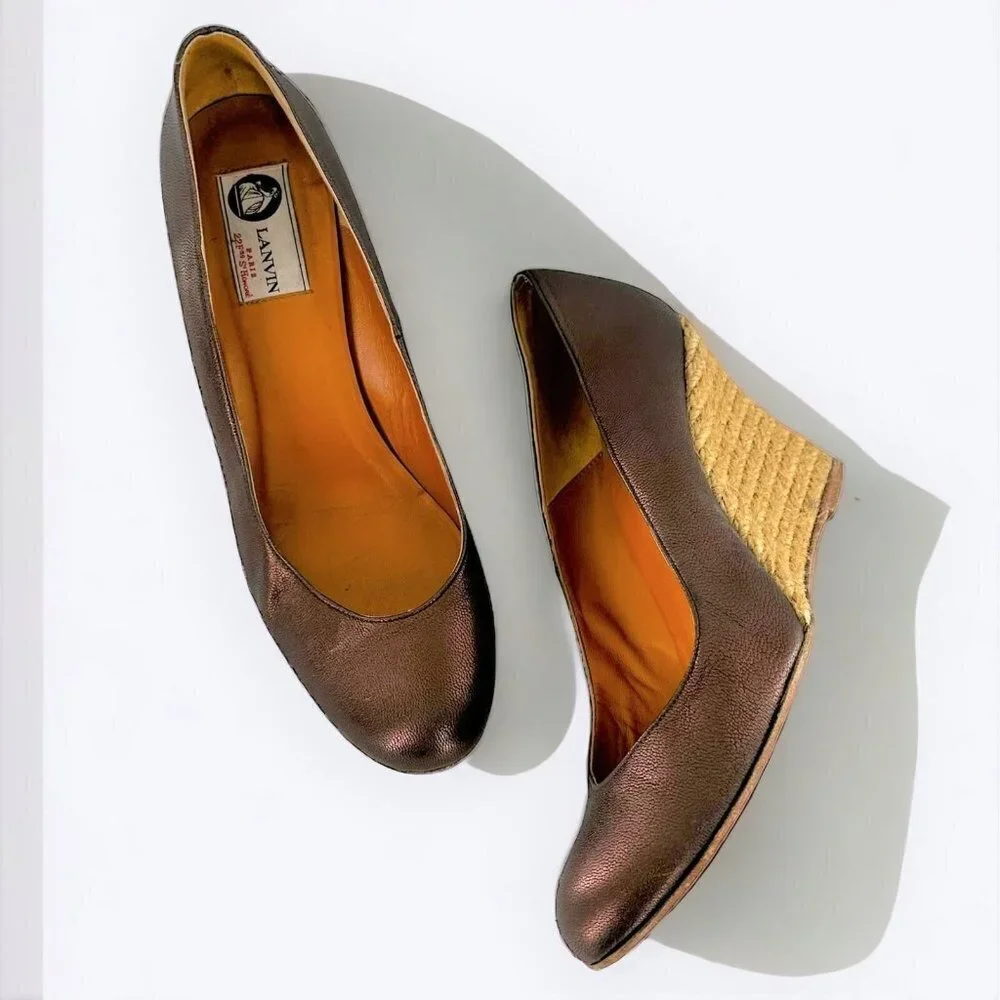 LANVIN Bronze Metallic Brown Leather Espadrille Wedge Heels Size 39
